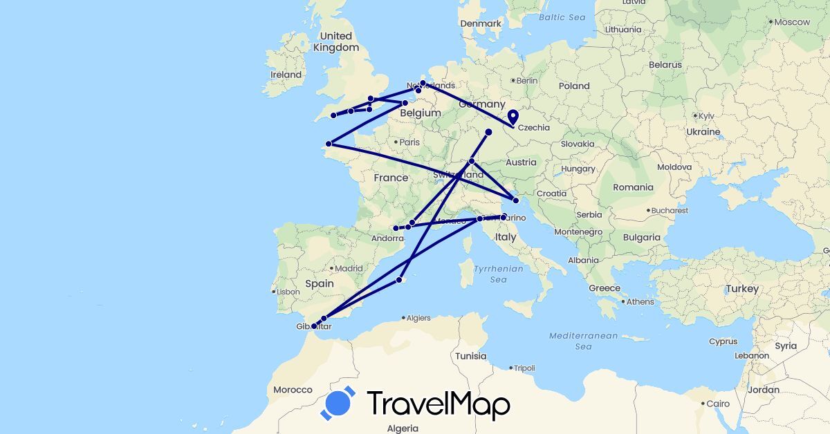 TravelMap itinerary: driving in Belgium, Czech Republic, Germany, Spain, France, United Kingdom, Gibraltar, Croatia, Italy, Netherlands, San Marino (Europe)